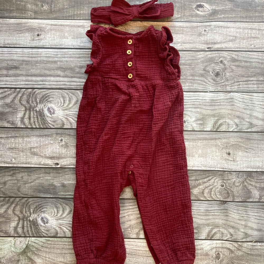 Cat & Jack Muslin Romper with headband Burgundy 18m